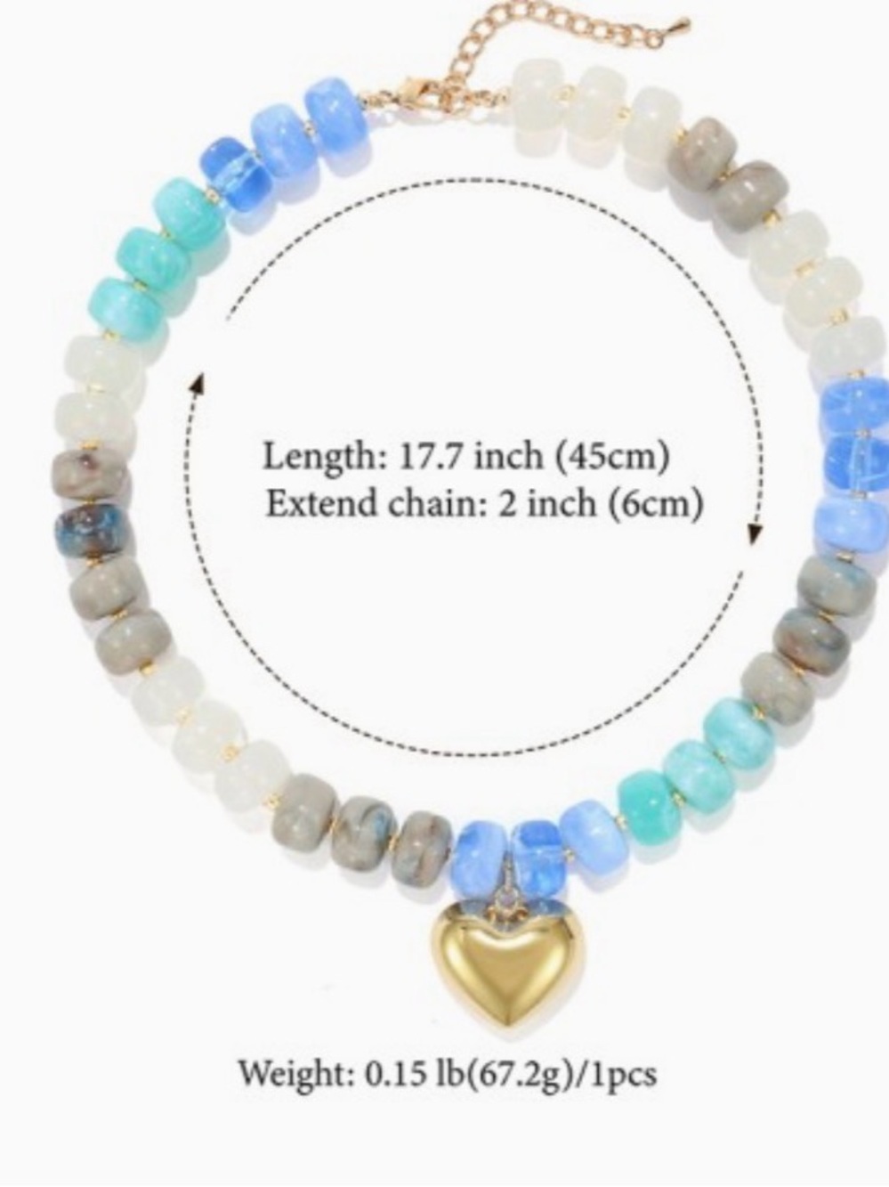 Chunky Beaded Necklace with Gold Heart Pendant- Blue, Turquoise, Multicolor - Picture 2 of 2